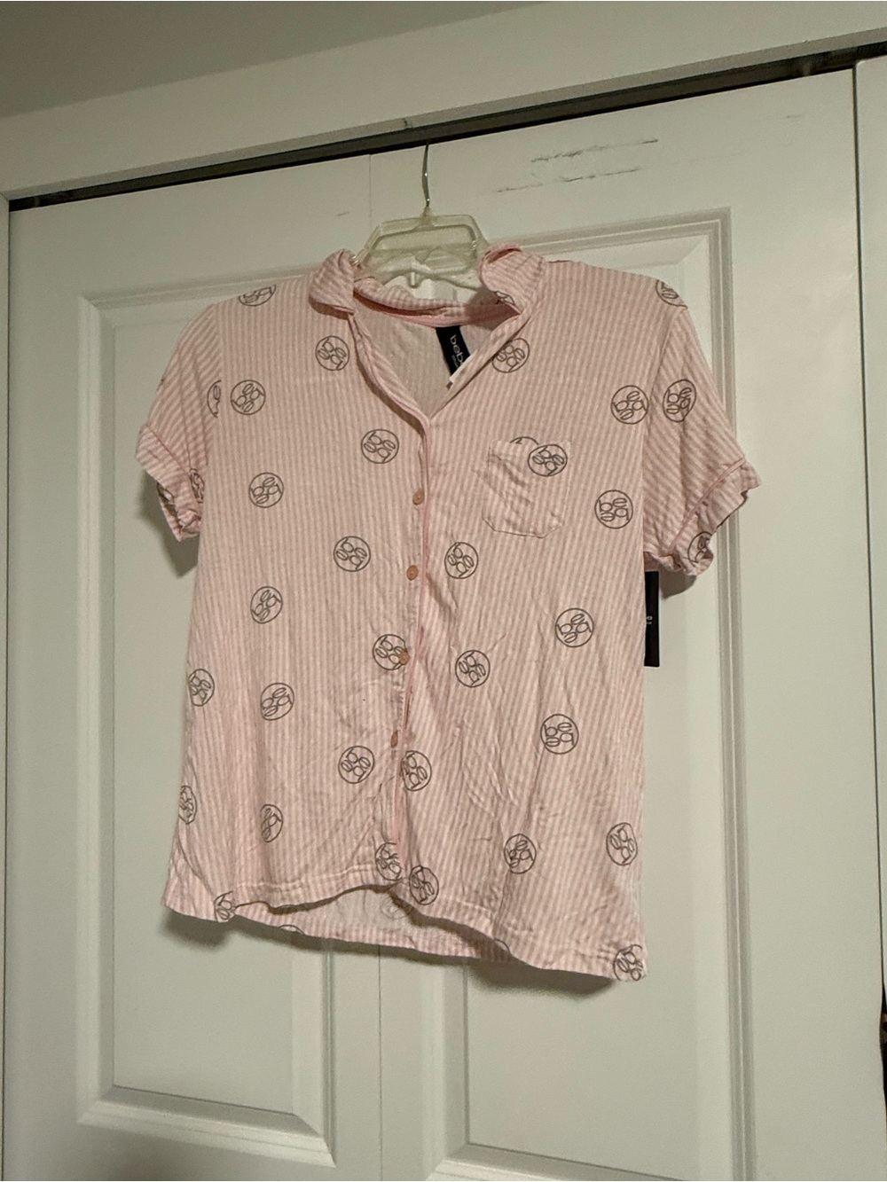 bebe Pink Striped Short-Sleeve Button-Down Shirt with Logo Print